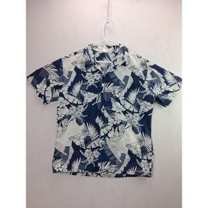 Palmwave Hawaii Aloha Shirt L Blue White Floral 100% Cotton Button